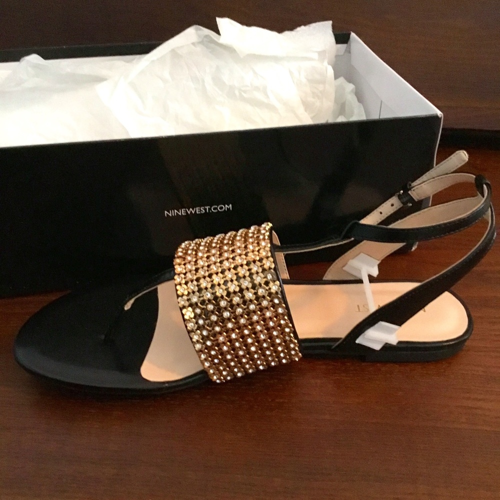 Nine West Sandals, NIB, Black with jeweled cuff across instep. SZ 9.5